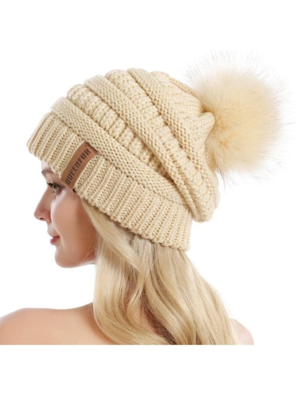Women's Beige 100% Acrylic Cable Knit Beanie Faux Fur Winter Warm Slouchy Hat
